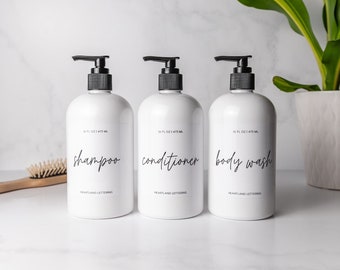 Shampoo, Conditioner & Body Wash Reusable Bottle Set of 3, Modern Script Style, White with Black Pump | Modern Farmhouse Bathroom Organizers