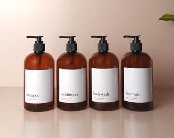 Amber Shampoo and Conditioner Bottles, Plastic Shampoo Bottle with Label, Minimalist Shower Dispenser Bottles, Refillable Shower Bottles