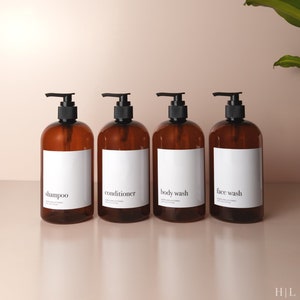 Amber Shampoo and Conditioner Bottles, Plastic Shampoo Bottle with Label, Minimalist Shower Dispenser Bottles, Refillable Shower Bottles