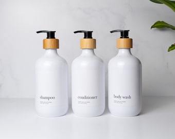 Decorative Refillable Shampoo Bottles Set | Minimalist Luxe Bamboo Bathroom Accessories | Modern Bathroom Decor | Cute Self-Care Mom Gift