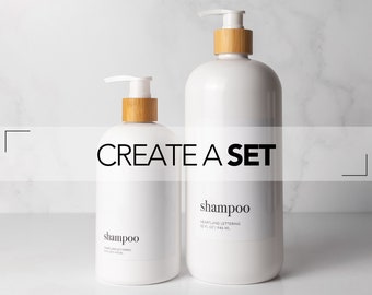 Refillable Luxury Shampoo, Conditioner, Body Wash, Face Wash, Lotion, Soap Dispenser Bottle | Minimalist White Bamboo Bathroom Decor Set