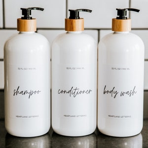 Shampoo, Conditioner, Body Wash Dispensers Set of 3 | Large 32 oz. Refillable White Bathroom Organization Bottles with Bamboo Pump in Script