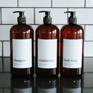 Large Shampoo Pump Bottle Set | 32oz Amber Minimalist Refillable Shampoo and Conditioner Shower Dispenser Bottles