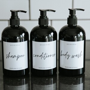 Shampoo, Conditioner, Body Wash Shower Dispenser Bottle Set of 3 | Refillable Shampoo Bottles | Modern Bathroom Dispenser | Script Style