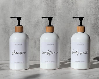 Elegant Shampoo Conditioner & Body Wash Bottle Set of 3 | Modern Bath Accessories | Matching Shower Bottles | Handwritten Script Containers