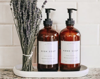 Amber Glass Bottle | Reusable Soap Pump | Lotion Dispenser | Kitchen Dish Soap | Bathroom Soap Bottle | Custom White Waterproof Label