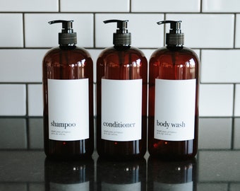 FINAL SALE Large Shampoo Pump Bottle Set | Scratched 32oz Amber Minimalist Refillable Shampoo and Conditioner Shower Dispenser Bottles