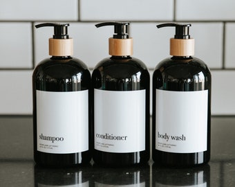 Bamboo Shampoo/Conditioner/Body Wash Bottle Set of 3 | Minimalist Pump Bottle Dispenser | Modern Bathroom Accessories | Shower Organization