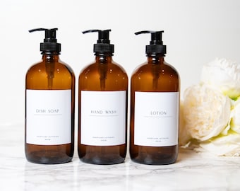 Amber Glass Soap Dispenser Set: Modern Kitchen Storage, Mod Label