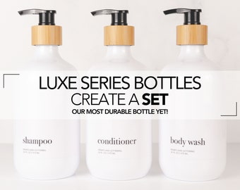 Reusable Modern Shampoo, Conditioner, Body Wash, Face Wash, Lotion, Soap Dispenser Bottle | Minimalist Black Bamboo Bathroom Decor Set