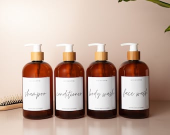 Refillable Plastic Amber Bottles for Shower | Shampoo, Conditioner, Body Wash Matching Bathroom Set | Script Waterproof Label | Bamboo Pump