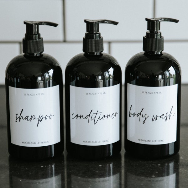 Shampoo, Conditioner, Body Wash Shower Dispenser Bottle Set of 3 | Refillable Shampoo Bottles | Modern Bathroom Dispenser | Script Style