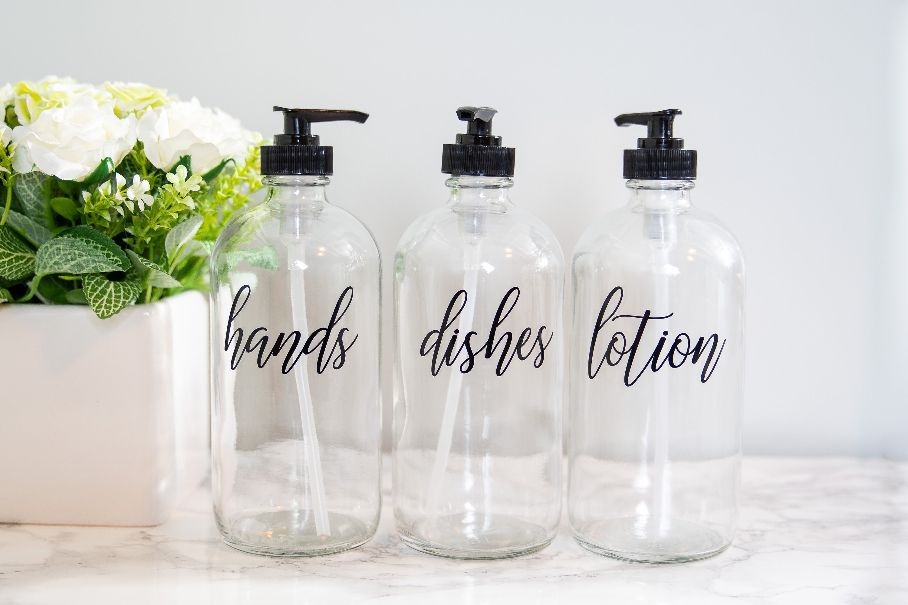Hands Dishes Lotion, Clear Glass Soap Dispenser Set, Farmhouse Kitchen Soap Dispenser, Hand Soap Dish Soap Bottles