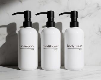 Shampoo and Conditioner Bottles Sets: White Plastic, Matte Black Steele Pumps, Bathroom Accessories