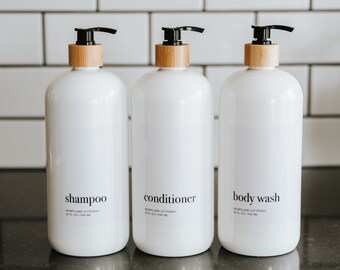 Bamboo Shampoo Bottle, Large Shampoo Bottles, 32 oz Shampoo and Conditioner Bottle, Shampoo Dispenser Set