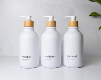 Luxury Shampoo Container Set | Shower-Safe Premium Plastic | Bamboo Pump Bottle | Minimalist Bathroom Accessories | Luxe Shower Organization