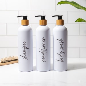 White Refillable Shampoo and Conditioner Dispensers, Pump Bottle for Bathroom, Cursive Script Bathroom Accessories, Farmhouse Aesthetic