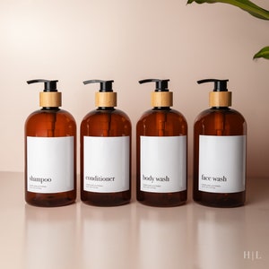 Minimalist Spa Bathroom Decor Set | Amber Plastic Bamboo Bottles for Guest Bath | Shampoo/Conditioner/Body Wash Shower Organization Bottles