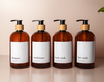 Minimalist Spa Bathroom Decor Set | Amber Plastic Bamboo Bottles for Guest Bath | Shampoo/Conditioner/Body Wash Shower Organization Bottles