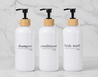 White Refillable Shampoo Bottle Sets: Black Bamboo Pumps, Waterproof Minimalist Spa Decor