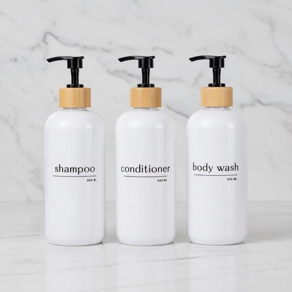 White Refillable Shampoo Bottle Sets: Black Bamboo Pumps, Waterproof Minimalist Spa Decor