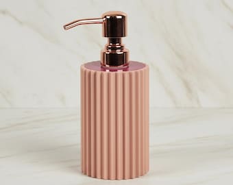 Rose Gold Ribbed Soap Dispenser: Stainless Steel Pump, Bathroom Kitchen Organizer