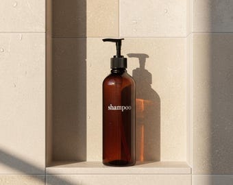 Amber Refillable Shampoo Bottles: Minimalist Bathroom Organizer, Bamboo Pump