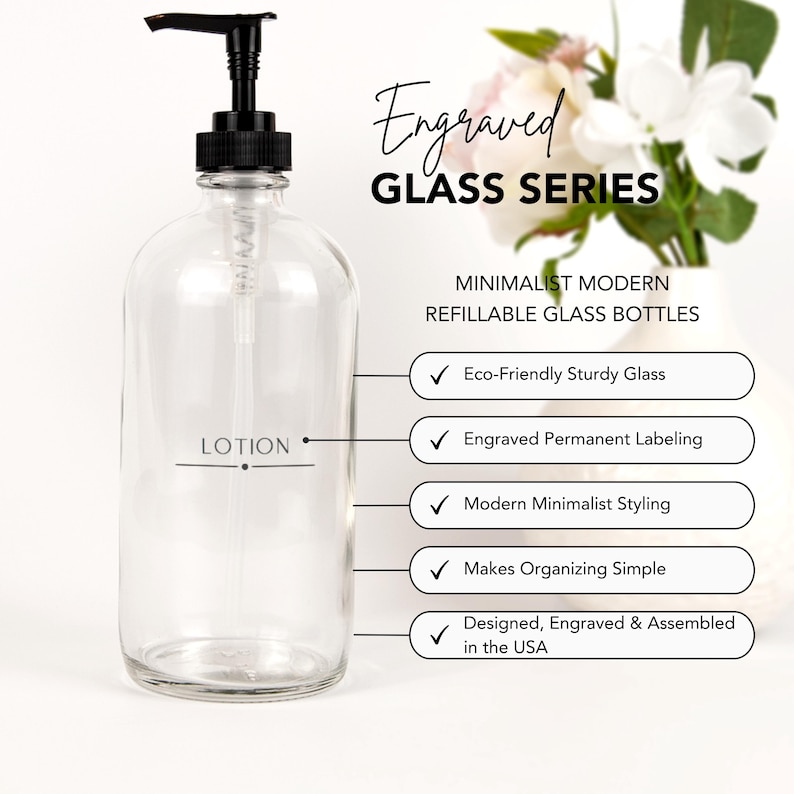 May include: A clear glass bottle with a black pump dispenser. The bottle is labeled "LOTION" and is part of an engraved glass series. The bottle is eco-friendly, has permanent labeling, and is designed, engraved, and assembled in the USA.