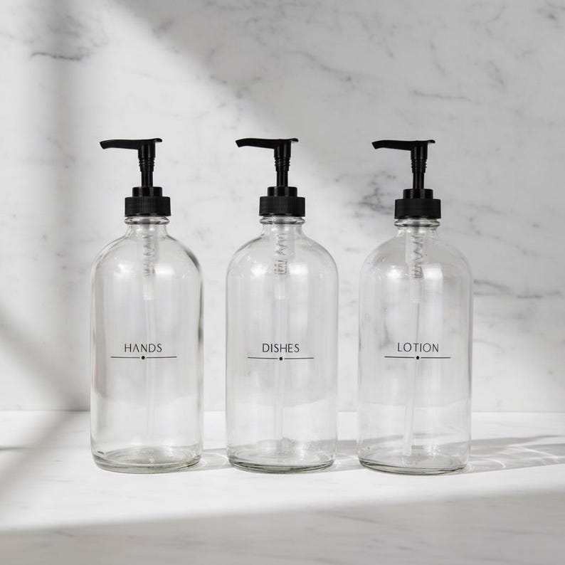 Engraved Glass Soap Dispenser Set: Refillable Eco-Friendly Bottles image 4