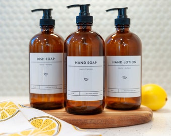 Amber Glass Kitchen Soap Dispenser Set | Refillable Glass Bottle for Hand Soap, Dish Soap, Lotion | Labeled Lemon Soap Dispenser with Pump