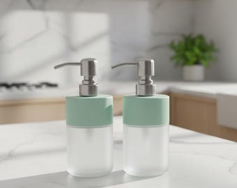 Soap Dispenser –  8 oz, Frosted Glass Bottom, Colorful Lid & Stainless Steel Nickel Pump