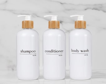 Shampoo and Conditioner Bottle Set: White Plastic Refillable Dispensers