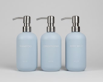 Matte Blue Shampoo Conditioner Bottles, Stainless Steel Pumps: Blue Bathroom Accessories For A Spa Decor