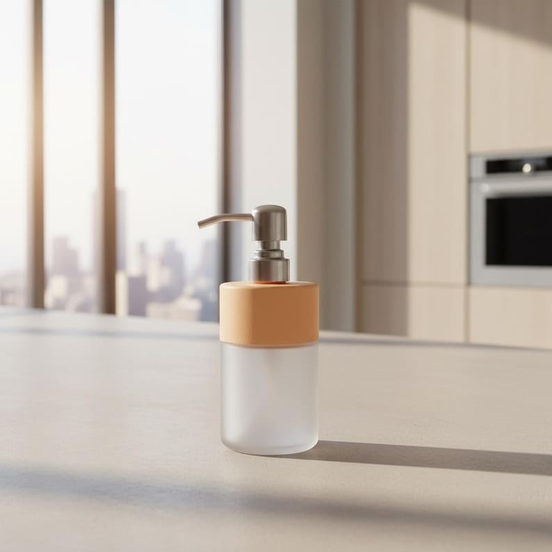 Op de afbeelding: Een moderne zeepdispenser met een basis van matglas en een perzikkleurige bovenkant. De dispenser heeft een zilveren pomp en is ontworpen voor gebruik in een keuken of badkamer. De dispenser staat op een lichtkleurig aanrecht.