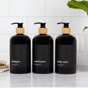 Black Shampoo & Conditioner Bottle Set, Black Refillable Pump Dispenser With Black Matte Waterproof Label, Modern Bathroom Soap Dispenser