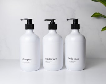 Black and White Shower Dispenser Set | Plastic Shampoo Bottle | Luxe Conditioner Container | Shower Organization | Black and White Bathroom