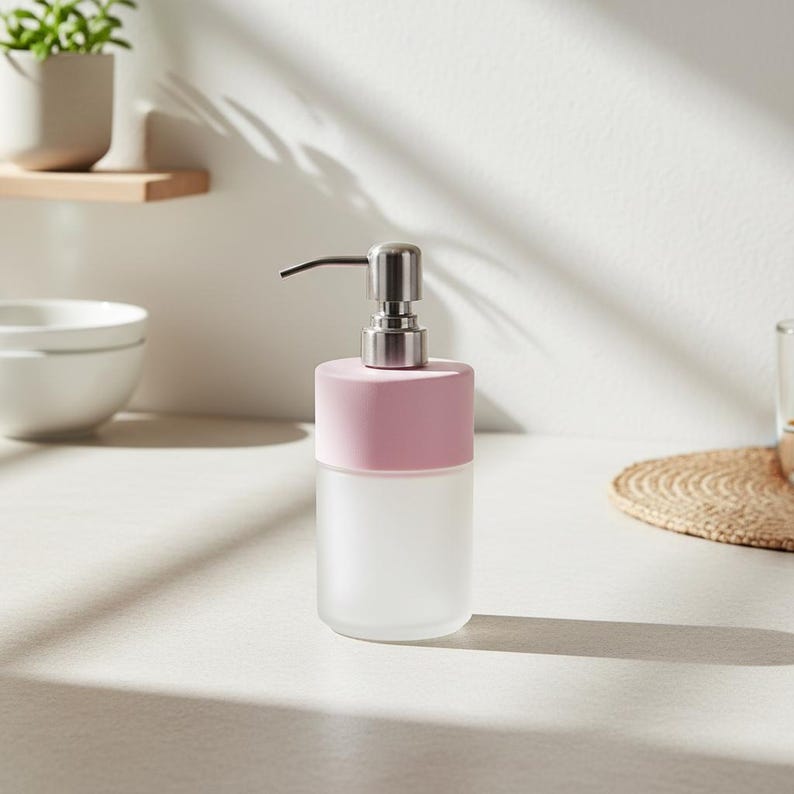Op de afbeelding: Een zeepdispenser van matglas met een roze bovenkant en een zilveren pomp. De dispenser is cilindrisch en staat op een wit oppervlak. Het ontwerp is minimalistisch en modern, geschikt voor een badkamer of keuken.