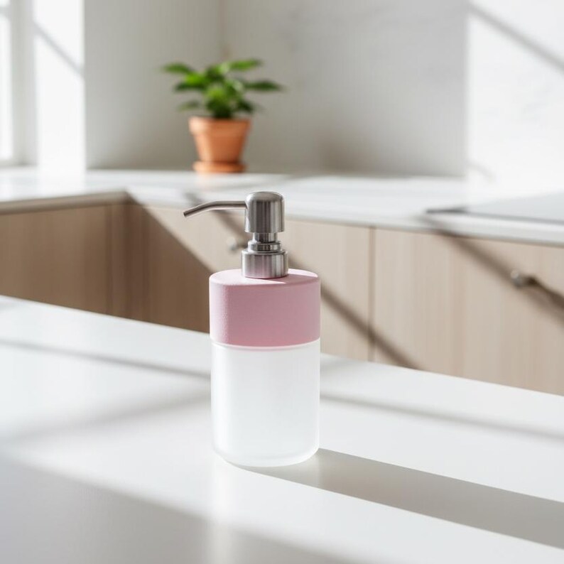 Op de afbeelding: Een moderne zeepdispenser met een basis van matglas en een lichtroze bovenkant. De dispenser heeft een zilveren pomp en staat op een wit aanrechtblad. Een kleine plant in een pot staat op de achtergrond.