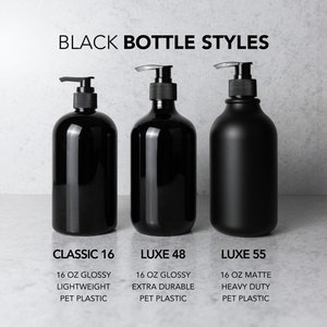 three black bottle styles are shown in three different sizes