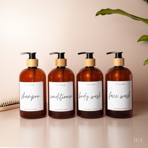 Amber Plastic Shampoo Bottle Set | Shower Dispenser Refillable Bottle Set | Bamboo Bathroom Organizing Accessories | Script Waterproof Label