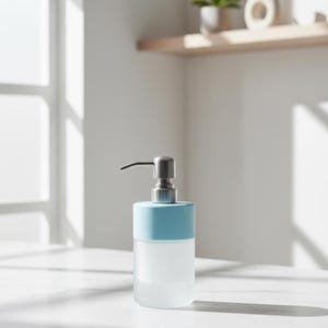 Op de afbeelding: Een zeepdispenser van matglas met een lichtblauwe bovenkant en een zilveren pomp. De dispenser is cilindrisch en staat op een wit oppervlak, met schaduwen van zonlicht op de achtergrond. Minimalistisch en modern design.