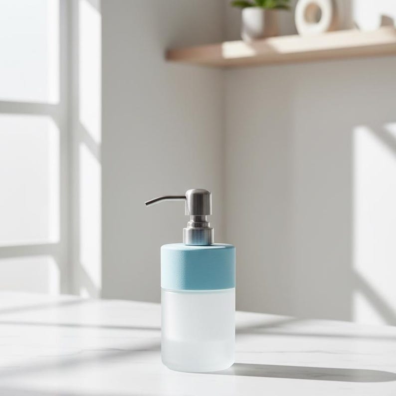 Op de afbeelding: Een zeepdispenser van matglas met een lichtblauwe bovenkant en een zilveren pomp. De dispenser is cilindrisch en staat op een wit oppervlak, met schaduwen van zonlicht op de achtergrond. Minimalistisch en modern design.