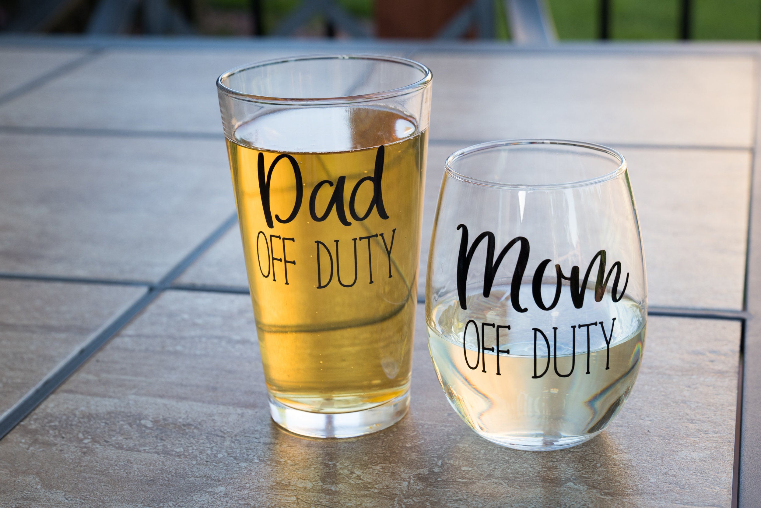New Parent Gift, Mom and Dad Wine Glass, Mom Off Duty, Dad Beer Glass…