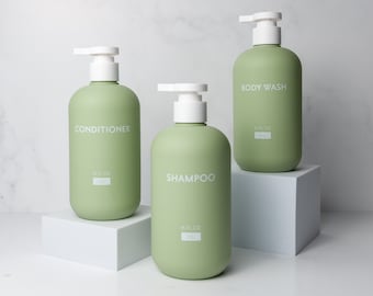 Shampoo Conditioner Body Wash Refillable Bottles Set of 3 | Bathroom Organization | Green Plastic Shower Dispenser | Decorative Pump Bottles