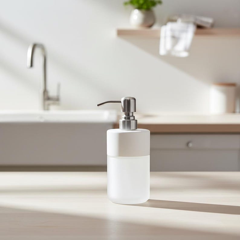 Op de afbeelding: Een witte en matglazen zeepdispenser met een zilveren pomp. De dispenser heeft een cilindrische vorm met een wit bovenstuk. Het ontwerp is minimalistisch en modern, geschikt voor een keuken of badkamer.