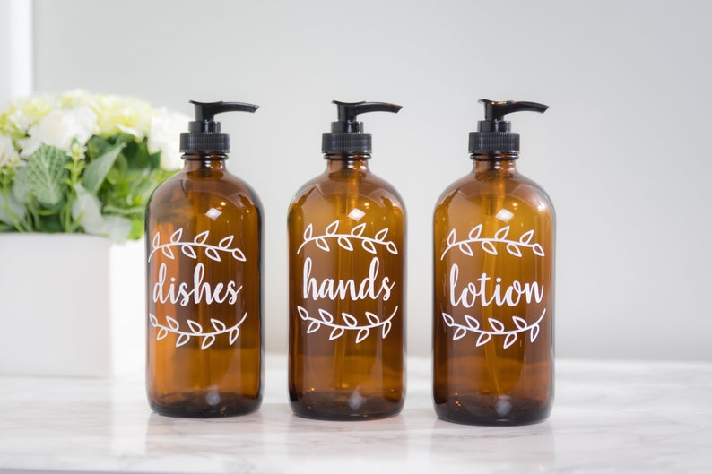 Dish Soap Dispenser For Kitchen Modern And Lotion Set Amber Glass Bottles With Labels Sink Organization