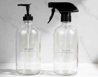 Engraved Glass Soap Dispenser Set: Refillable Eco-Friendly Bottles