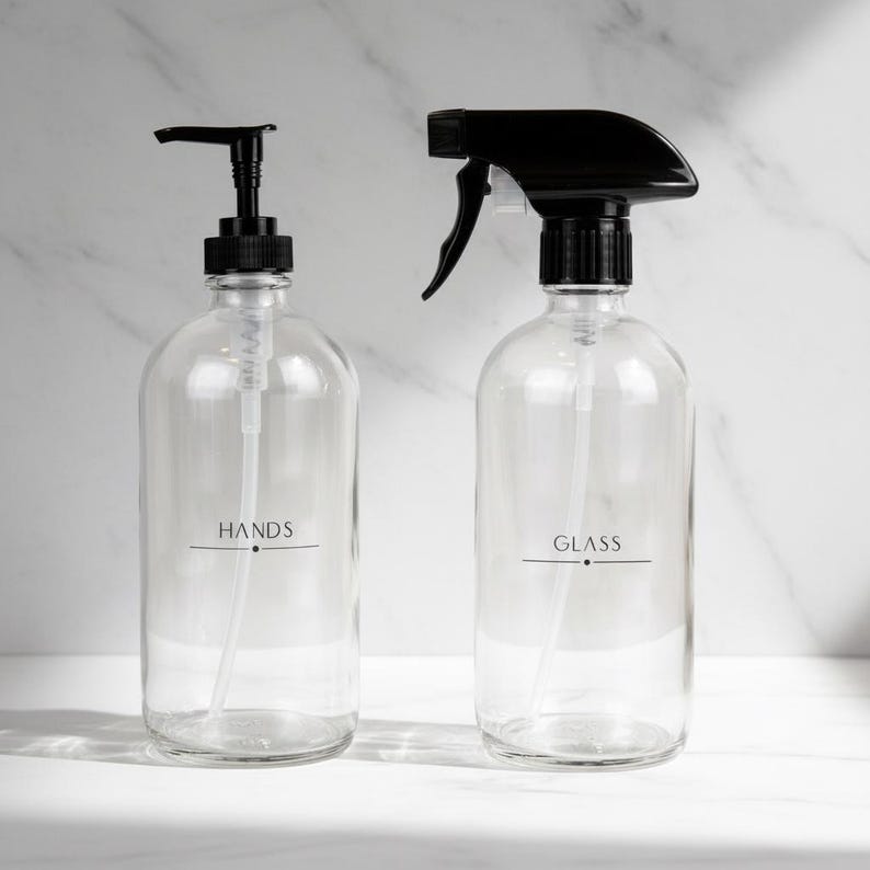 Engraved Glass Soap Dispenser Set: Refillable Eco-Friendly Bottles image 1
