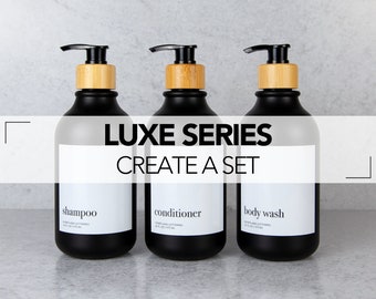 Reusable Modern Shampoo, Conditioner, Body Wash, Face Wash, Lotion, Soap Dispenser Bottle | Minimalist Matte Black Bamboo Bathroom Decor Set