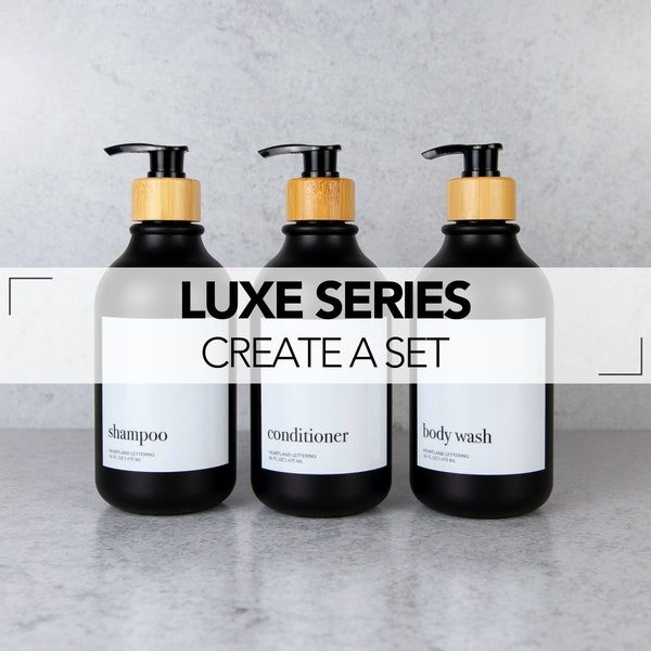 Reusable Modern Shampoo, Conditioner, Body Wash, Face Wash, Lotion, Soap Dispenser Bottle | Minimalist Matte Black Bamboo Bathroom Decor Set